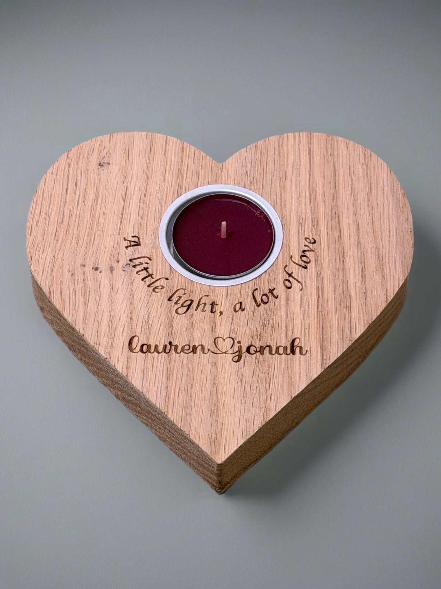 Personalised Oak Heart Tea Light Holder – “A Little Light, A Lot of Love” Gift