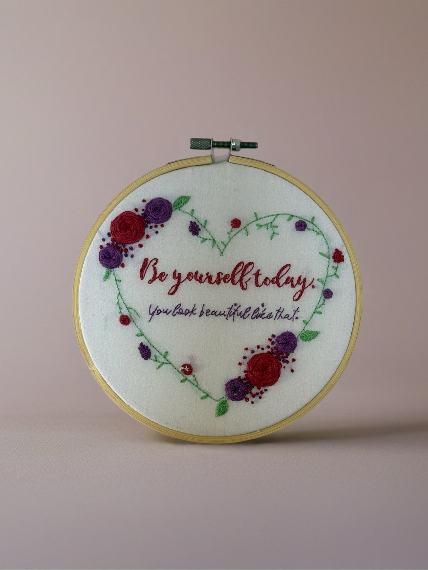Hand Embroidered Hoop Wall Art – “Be Yourself Today” | Inspirational Floral Embroidery Decor