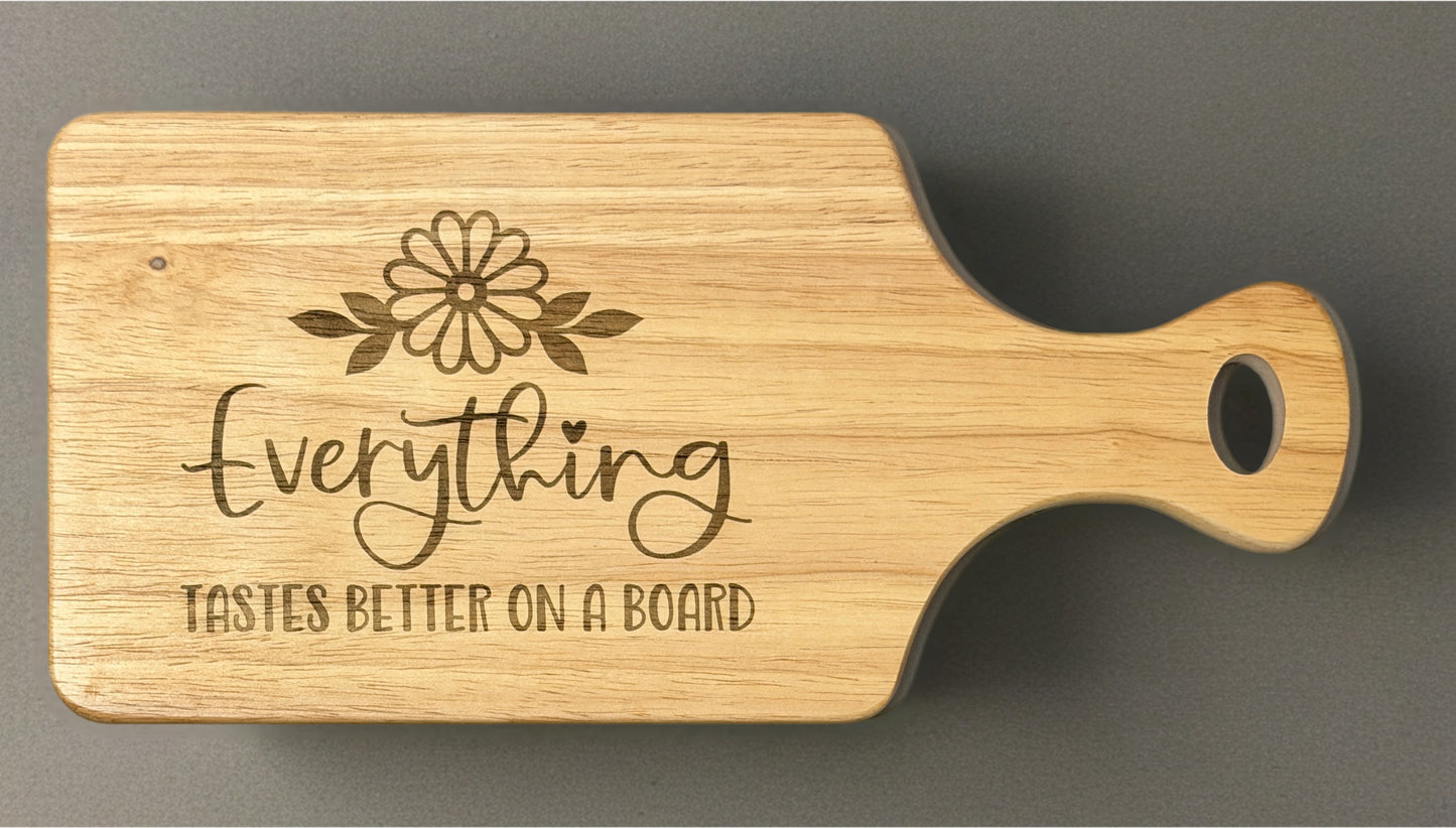“Everything Tastes Better on a Board” Engraved Wooden Serving Board – Kitchen Gift