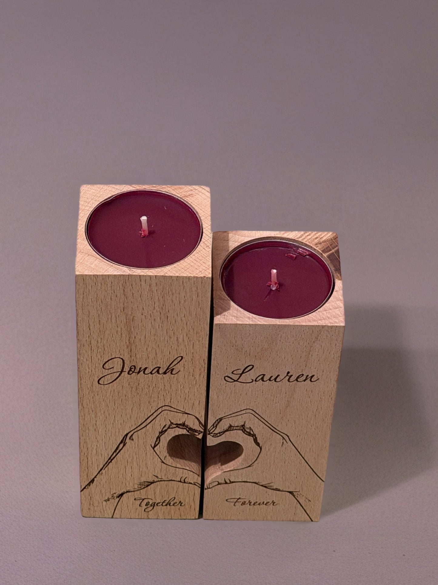 Personalised Couples Candle Holder Set – Hand Heart Design – Together Forever