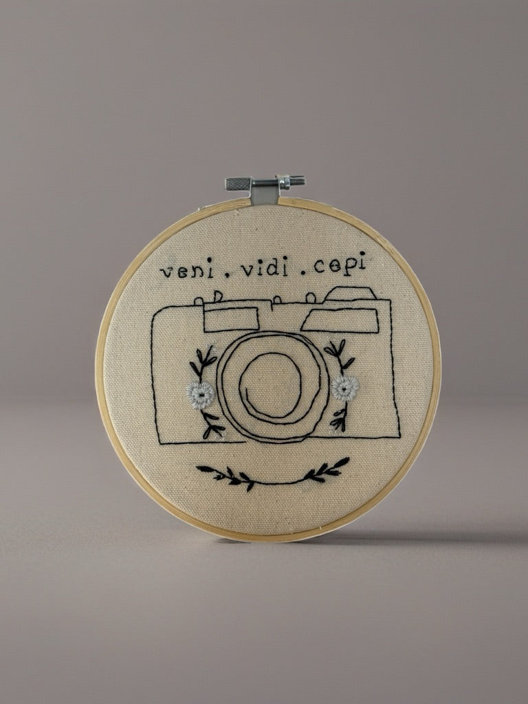Hand Embroidered Hoop Wall Art – “Veni. Vidi. Cepi.” | Photographer Gift | Camera Embroidery Decor