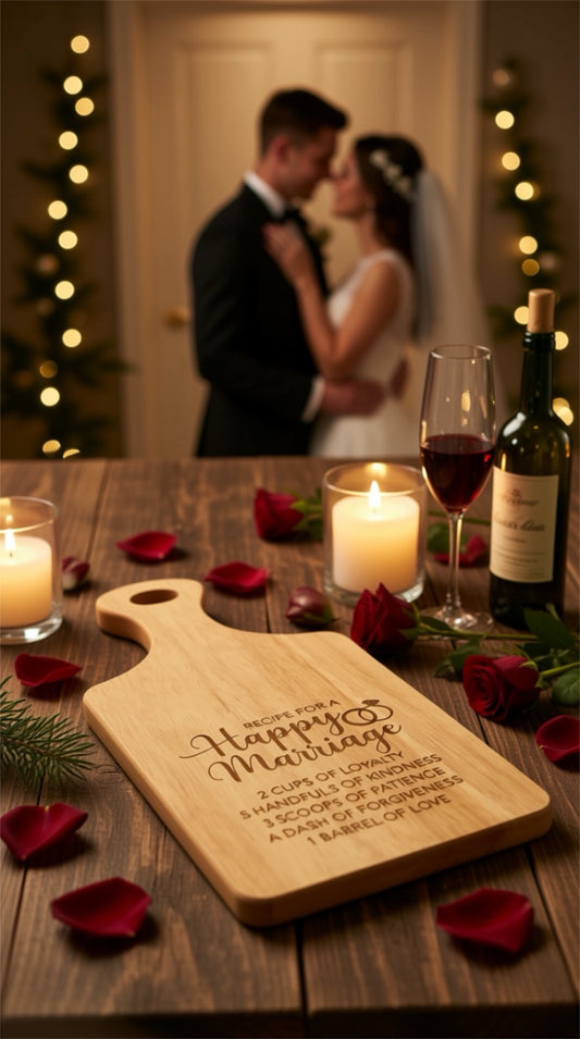 Engraved Wooden Serving Board – “Recipe for a Happy Marriage” Wedding / Anniversary Gift