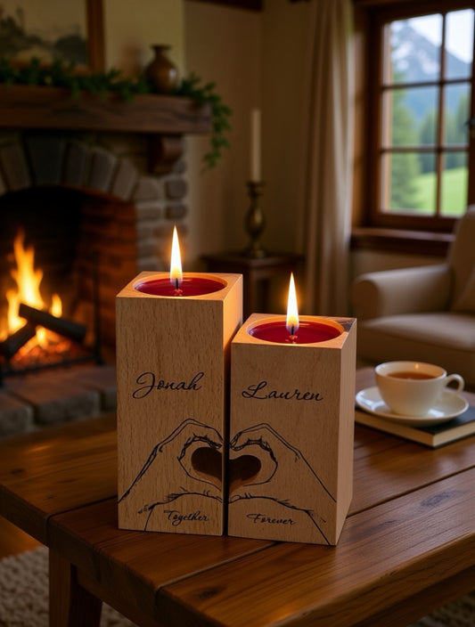 Personalised Couples Candle Holder Set – Hand Heart Design – Together Forever