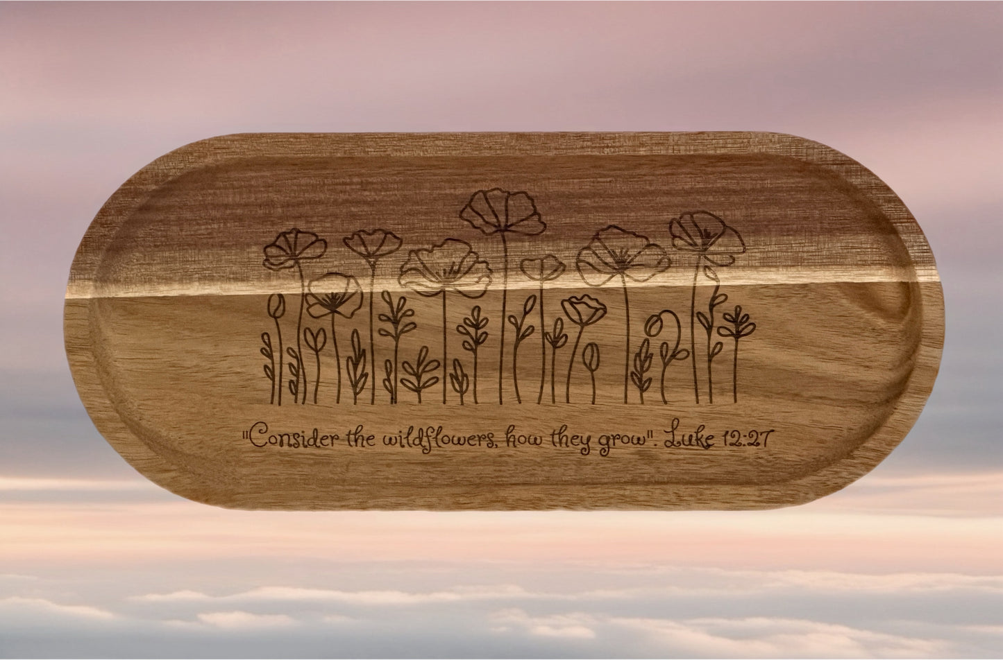 Engraved Acacia Wood Wildflower Tray – “Consider the Wildflowers” Luke 12:27