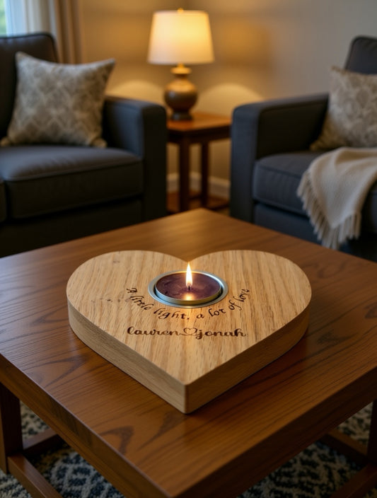 Personalised Oak Heart Tea Light Holder – “A Little Light, A Lot of Love” Gift