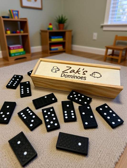 Personalised Wooden Dominoes Set – Custom Name Engraved Box