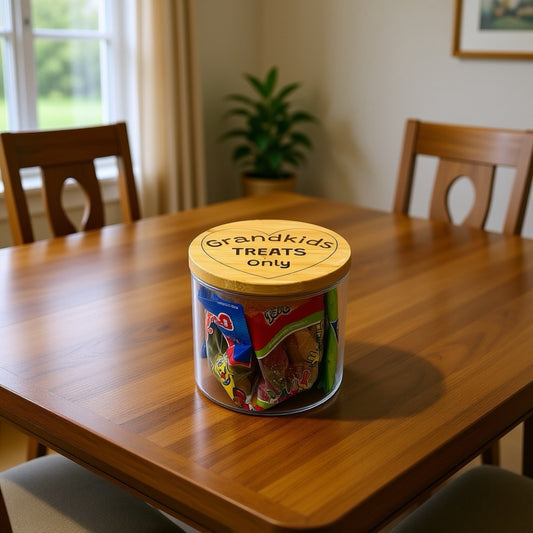 Treat Jar – “Grandkids Treats Only” – Glass Sweet Jar with Bamboo Lid – Grandparents Gift – Sweet Storage – Nanny & Grandad Present