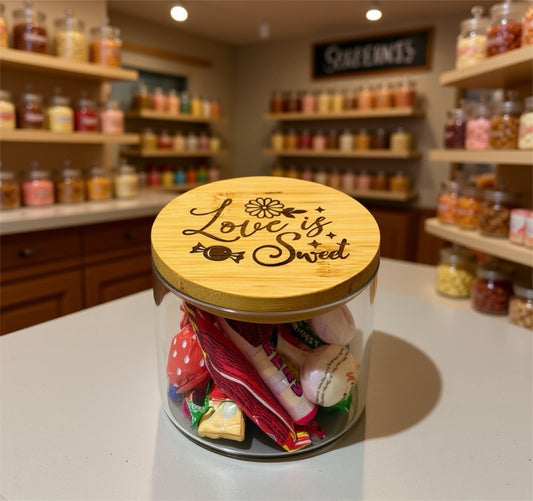 Love Is Sweet Treat Jar – Engraved Bamboo Lid Sweet Jar – Sweet Storage Jar – Romantic Gift – Valentine’s Gift Idea