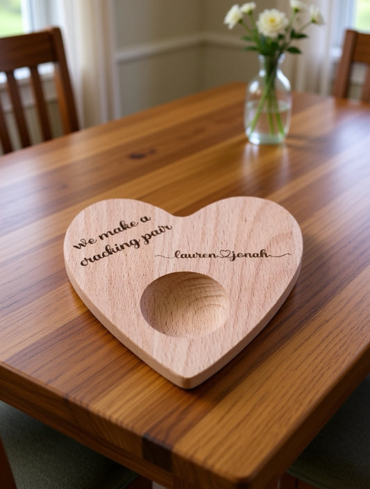 Personalised Beech Heart Egg Holder – “We make a cracking pair”