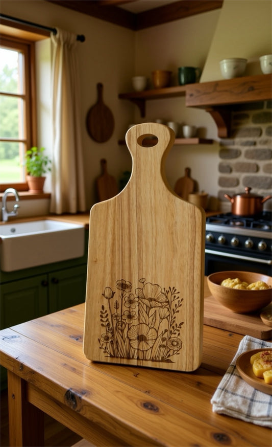 Engraved Wooden Serving Board with Wildflower Design – Rustic Floral Kitchen Gift
