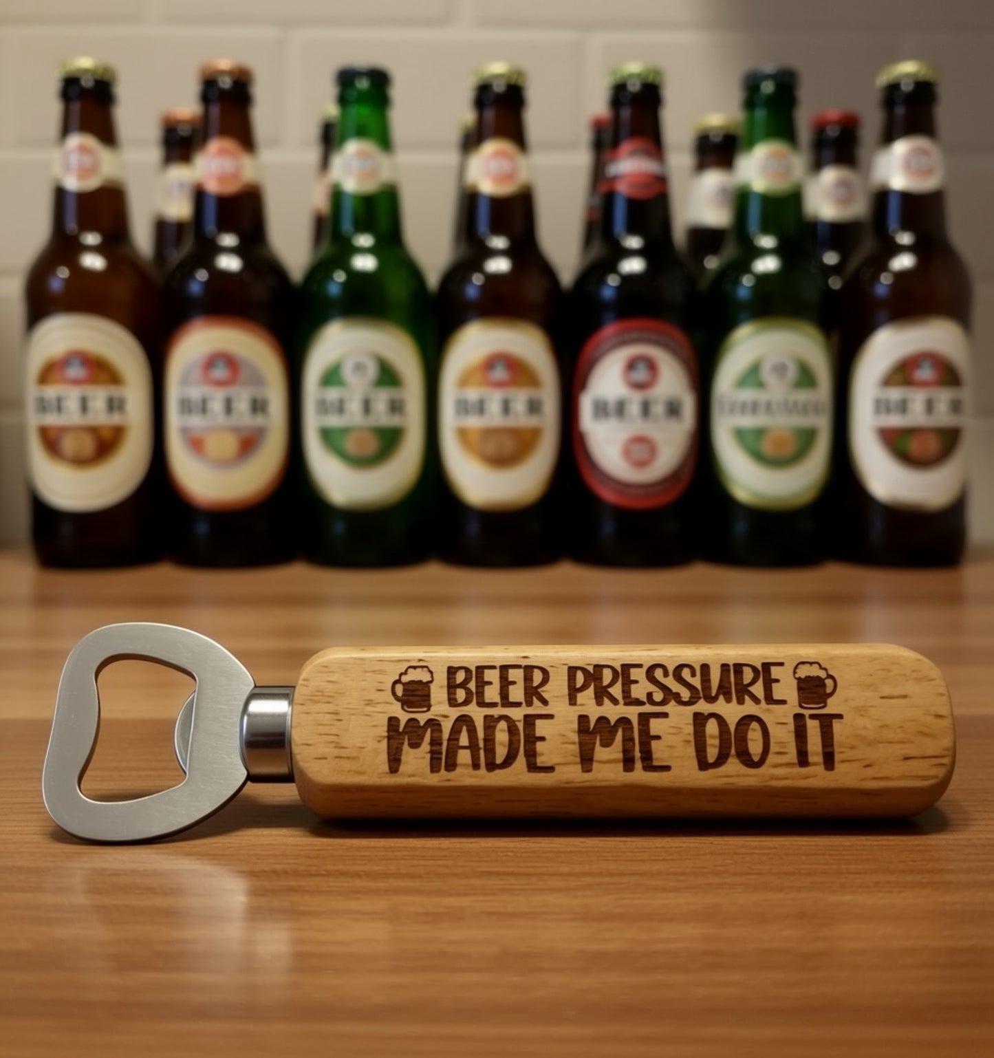 Wooden Handled Bottle Opener - Beer Pressure Made Me Do It!