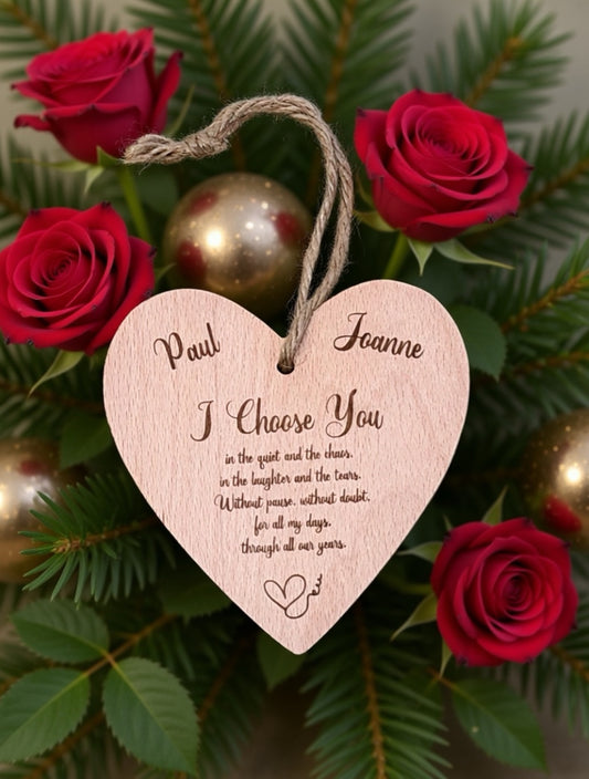 Personalised Wooden Heart Hanging Decoration – “I Choose You” Romantic Keepsake