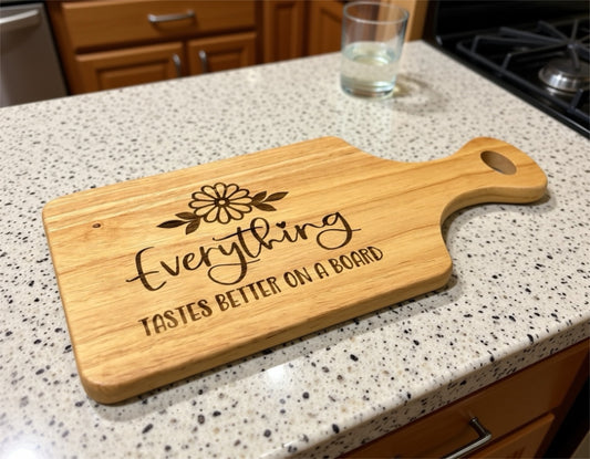 “Everything Tastes Better on a Board” Engraved Wooden Serving Board – Kitchen Gift