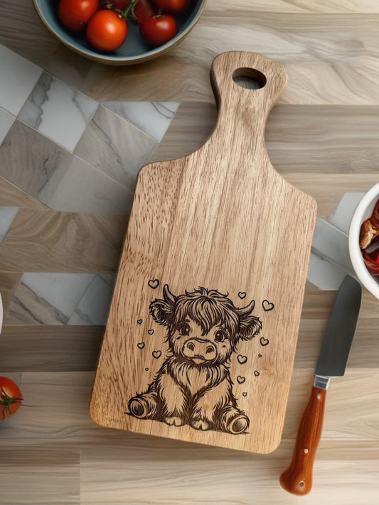 Engraved Wooden Serving Board – Cute Highland Cow Design