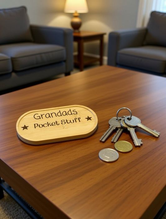 Personalised Bamboo “Pocket Stuff” Tray – Gift for Dad / Grandad – Keepsake Catch-All Dish