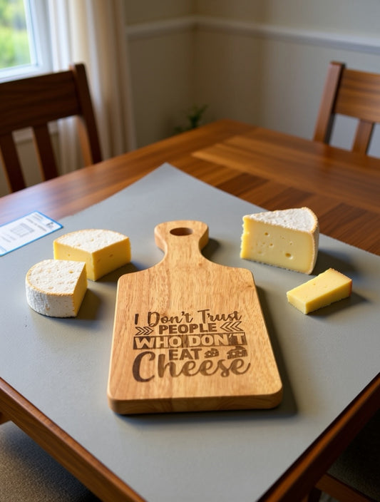 “I Don’t Trust People Who Don’t Eat Cheese” Engraved Wooden Serving Board – Funny Kitchen Gift