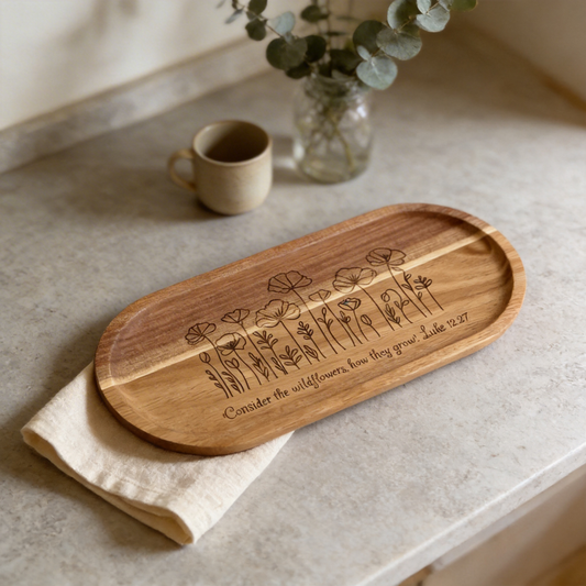 Engraved Acacia Wood Wildflower Tray – “Consider the Wildflowers” Luke 12:27