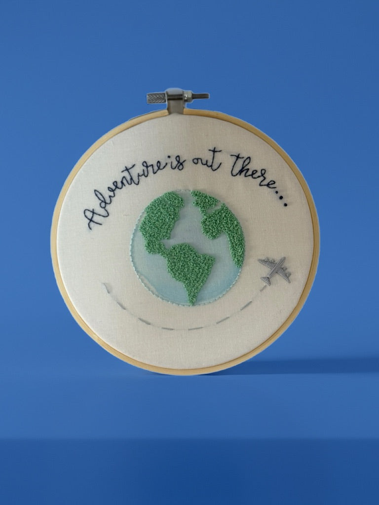 Hand Embroidered Travel Quote Hoop – “Adventure Is Out There”